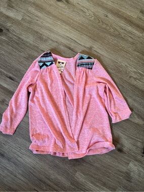 Kids Pink Open-Front Cardigan with Patterned Shoulder Panels